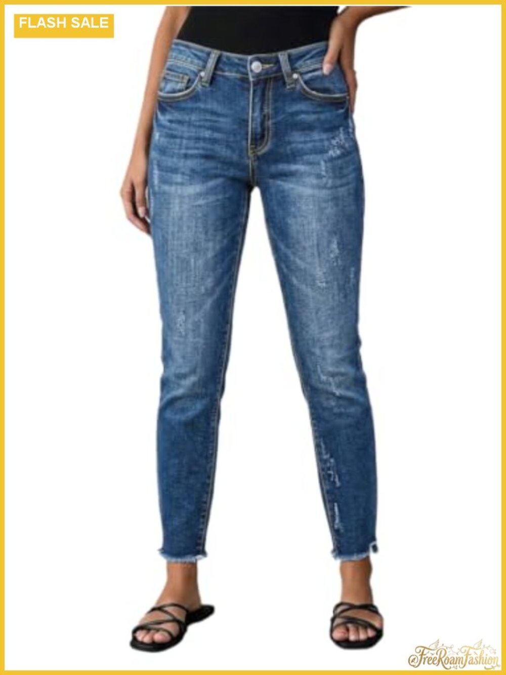 Skinny Mid-Rise Crop Jeans Raw Hem Ripped Stretch Cotton